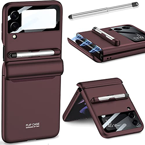 Miimall Compatible with Samsung Galaxy Z Flip 4 Case with S Pen, [Magnetic Hinge Cover] [Tempered Glass Camera Lens Protector] Shockproof Hard PC Full Protective Cover for Z Flip 4-Wine Red