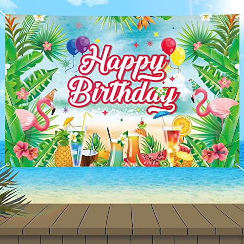 Sommer Flamingo Party Happy Birthday Banner, hawaiianischer Strand Flamingo Geburtstag Hintergrund Dekoration 180,3 x 114,3 cm Tropischer Luau Flamingo Ananas Obst Hintergrund Banner für Sommer