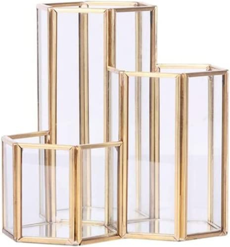 BaoT8YLu Porte-Stylo en Verre Transparent pour Bureau,Pot à Crayons Hexagonal doré en métal, Pot à Crayons et pinceaux de Maquillage, Porte-Stylo Hexagonal - pour pinceaux de Maquillage