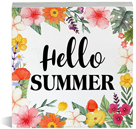 Floral Hello Summer Wooden Box Sign Colorful Flowers Wood Block Tabletop Sign Decorative Summer Desk Sign Home Office Shelf Decor 5 X 5 Inches