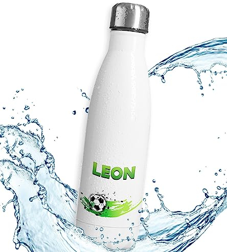 timalo® Thermosflasche Fußball personalisiert mit Namen auslaufsichere Edelstahl Trinkflasche Wasserflasche für Kinder Mädchen Jungen 350mL