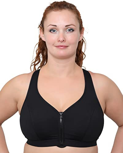 Undercover Damen Sport-BH mit Reißverschluss vorne, bügelfrei, nicht gepolstert, D-J Körbchen, Schwarz , 95G