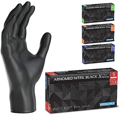 ARNOMED Guanti monouso nero extra forti, guanti in nitrile S, guanti nitrile spessorati 50%, 100 pezzi/scatola, guanti nitrile senza polvere, guanti monouso nitrile senza lattice, taglie S, M, L & XL