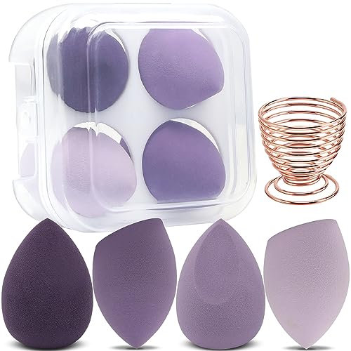 Yatinkim Foundation Blending Beauty Sponge Makeup Sponges Blender Set for Liquid Powders Puff with Holder Egg Case Facial Cosmetic Tools Purple 5PCS