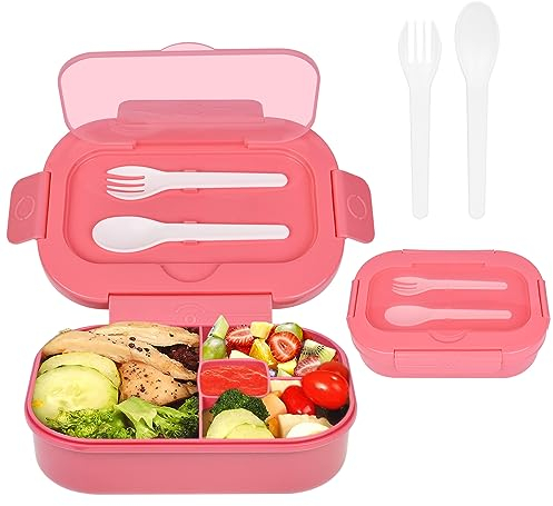 AUAUY Rosa Fiambrera Bento Box infantil, lunch box loncheras para niñas, loncheras para niños, fiambrera infantil 4 compartimentos con Cuchara y Tenedor, Apto para Microondas/Lavavajillas, Sin BPA