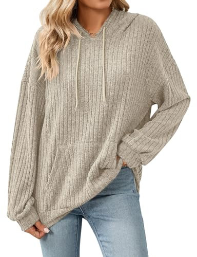 Gemulate Jumpers for Women Long Sleeve Sweaters Clothing Casual Ladies Hooded Plain Sweatshirts Khaki-1 XX-Large