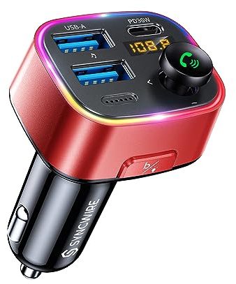 SYNCWIRE Bluetooth 5.3 FM-Transmitter-Autoladegerät 48W (PD 36W &12W) Dualer USB-Anschluss Ladegerät KFZ-Adapter, Kabelloser Radio, LED-Display, Unterstützung 64GB USB-Laufwerk, Lichtschalter, Rot