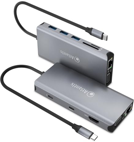 ATLANTIS A04-TC_DK46 Dockingstation USB C (Typ C) auf HDMI 4K, VGA, Ethernet RJ45 Gigabit, 3 x USB 3.0, 1 x USB C, 1 x PD-85W, 1 x Audio IN/Out 3,5 mm, Card Reader. 18 cm Kabel, kompatibel mit Allen