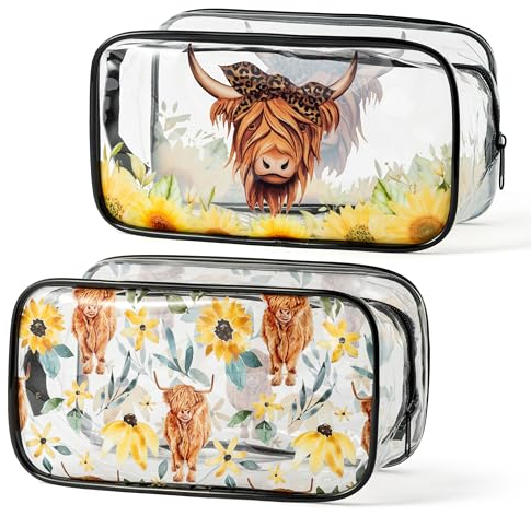 Y1tvei Hochlandrind Kosmetiktasche Transparent Kulturtasche - 2 Stück Sonnenblume PVC Durchsichtig Make-up Bag Wasserdicht Reisetasche Schminktasche Klar für Damen Mädchen Strände Urlaub Geschenk