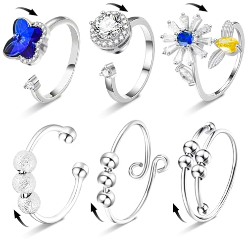 Steemjoey 6 PCS Silber Fidget Angst Ringe Set, Zappelringe Verstellbare Fingerringe, Bead Ring Offene Anxiety Ring mit Perlen, Band Ring für Damen Herren Anti Stress Ängstlichkeit Entlastung