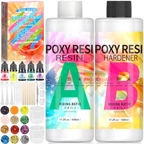 ZQEJEFD Kit Résine Epoxy 1016ml, 1:1 Transparente, Kit Complet Débutant avec Colorant, Paillettes, Tasses à Mesurer pour Bijoux et Décoration Artisanale