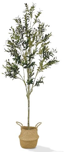 VERDANT HAVEN - Faux Olive Tree 7 Feet - Free Wicker Olive Tree Planter Pot Included - Olive Trees Artificial Indoor for Your Home Decor Living Room - Tall Fake Tree, Ideal as Tall Plant Decor