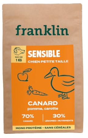 Franklin – Trockenfutter für Hunde ohne Getreide – Proteinreihe – mit 70 % Ente – Monoprotein – einfache Verdauung – Größe 8 mm – 1 kg
