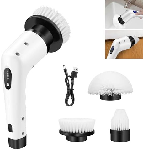 Electric Spin Scrubber Cordless Rechargeable Cleaning Brush, 2 Speeds, 3 Replaceable Brush Heads, Power Scrubber for Bathroom/Kitchen/Car/Tub and Floor Tile, White