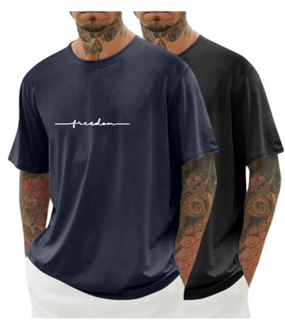 2er Pack T-Shirts für Herren Oversized Sommer Tshirt Los Loose Fit T Shirt Lang Tops Männer Casual Mode Motiv Bekleidung Junge Basic Tee Shirts Vintage Streetwear Baumwolle Sportshirt S - 5XL