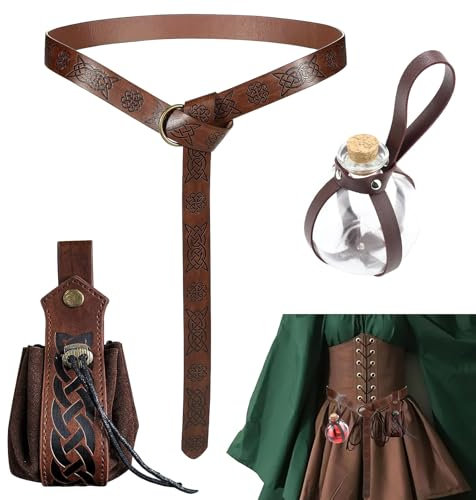 NZZVNZ Mittelalter Geprägter O-Ring-Gürtel, Mittelalter Accessoires Set, Mittelalter Gürteltasche, Vintage Renaissance Ritter Deko, Zaubertrank Flasche mit Gürtelschlaufe für Halloween Cosplay