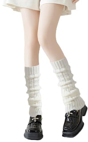 Ycfish Leg Warmers - White & Cream Chunky Cable Knit for 80s Party, Yoga, Dance & Skating