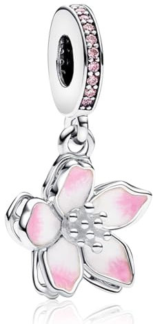 Amuefer Pink Cherry Blossoms Dangle Charms Charms für Armbänder 925 Sterling Silber mit Cubic Zirkonia Anhänger für Halsketten Geburtstag Weihnachten Schmuck Geschenke für Frauen