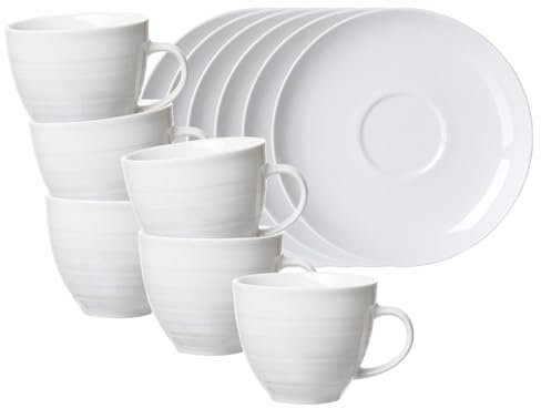 Ritzenhoff & Breker Suomi Kaffeetassen mit Untertassen 6er Set, 260 ml, Kaffee-Set für 6 Personen, Feine & ausgeprägte Reliefierungen, Skandinavisches Design, Porzellan, Cremeweiß