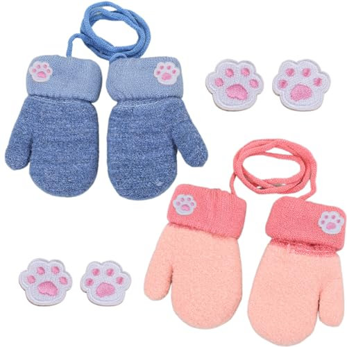 Lot de 2 gants pour bébé avec cordon et 4 patchs en tissu motif pattes de chat, gants tricotés chauffants pour 0 à 3 ans ; avec cordon anti-perte pour accrocher au cou ; gants tricotés bleus et