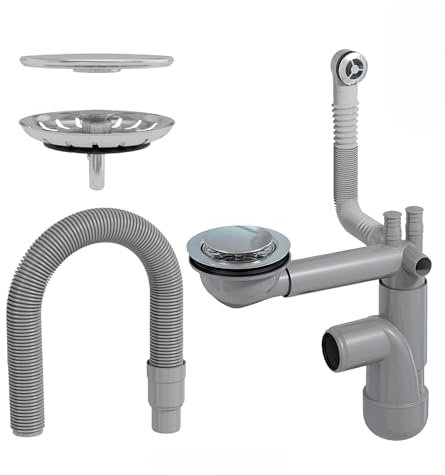 LAXARA Flexlok Teleskop Siphon für platzsparende Küchenspülen/Spülbecken | Universale Flexibilität mit recyceltem Kunststoff | (Flexlok 1 mit rundem Überlauf mit Abflussrohr mit Magnetabdeckung)