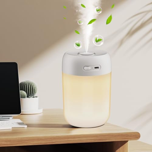 kissleaf 650ML Mini Luftbefeuchter für Schlafzimmer/Kinderzimmer/Pflanzen, 15H Lange Laufzeit 28dB Silent Air Humidifier Type-c Akku Elektrisch Raumbefeuchter(Warmes Licht 3)