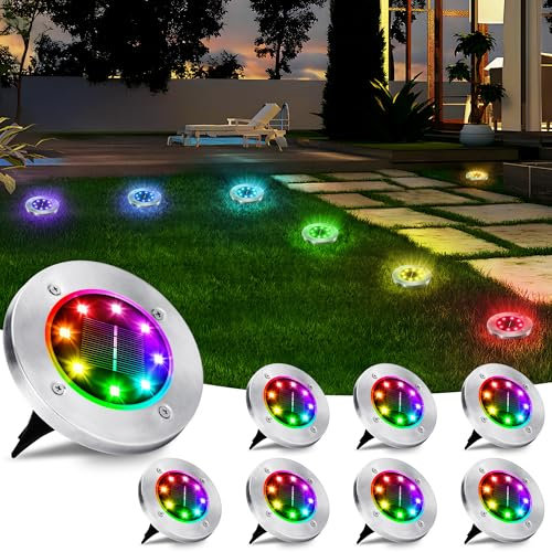 BrizLabs Luci Solari da Giardino, 8 LED Lampade Solari Faretto Led da Esterno Solare da Terra, Impermeabile Faretti Sepolta per Prato Vialetto Scala Strade Paesaggio (Cambio Colore RGB, 8 Pezzi)