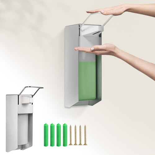 Dispensador de Jabón de Manos de Pared de Aluminio 500 ml con Accionamiento por Codo y Montaje Mural para Líquido Desinfectante Jabón Líquido Desinfectador de Manos–para Casa Cocina Ducha Hotal