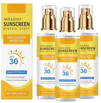Hair Scalp Sunscreen Spray SPF 30, UV-Schutz für farbbehandeltes, hervorgehobenes Haar, nicht fettender, schwereloser Nebel mit Kokosnussöl, gegen verblassende Trockenheit, Beach Pool Daily Use (3PCS)