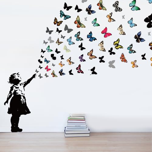 PLIGREAT 2 Blatt Banksy Wandaufkleber Mit Mädchen Und Schmetterlingen Entfernbare Vinyl Wandaufkleber Banksy Graffiti Kunst Wandtattoo Für Schlafzimmer Wohnzimmer Kinderzimmer Büro Zuhause