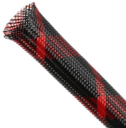 Expandable Braided Sleeving, PET Automotive Wire Loom Flexible Cable Management Wire Sleeving Cord Protector from Pets Chewing for Audio Video and Other Home Device (3/8x26.25ft, Black-Red)
