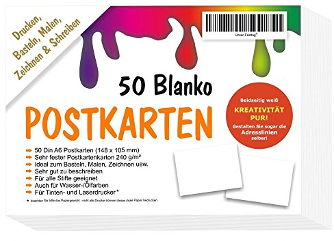 50 Blanko Postkarten beidseitig weiss A6 - ohne Linien/Briefmarkenfeld - ALLES selbst gestalten bemalen beschreiben - totale kreative Freiheit