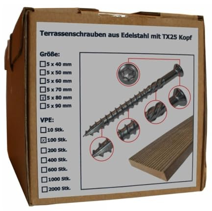 Sanpro Terrassenschraube aus Edelstahl mit Torx Kopf, Größe 5 x 80 mm, Anzahl 100 Stück (Pack à 100 Stück)