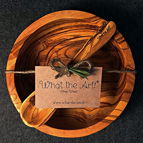 What the Art!® Olive Wood «Buddha Bowl» Gr. M | Olivenholz Schale inkl. Löffel | Handarbeit | Müslischale - Suppenschale - Frühstücksschale - Dessertschale (Ø 14-15 x ↑ 6)
