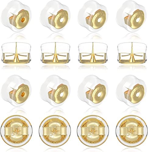 18K Gold Secure Earring Backs for Studs,925 Silver Silicone Hypoallergenic Soft Clear Replacements for Studs/Droopy Ear,Rubber Earring Backs Pierced Locking for Adults Kids(Gold,8 Pairs)