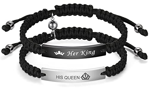 JewelryWe Schmuck 2pcs Pärchen Armband Lederarmband mit Her King His Queen Magnet Kugel Edelstahl Leder geflochten Partnerarmband Freundschaftsarmband Paar Armreifen Verstellbar, Schwarz Silber