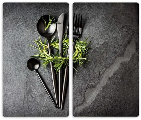 Herdabdeckplatte Abdeckung Ceranfeld Abdeckplatte Schneidebrett 2-Teilig 60x52 Kräuter Besteck Grau Spritzschutz Glasplatte Ceranfeldabdeckung Herdschutz Sicherheitsglas Glasschneidebrett 2x30x52