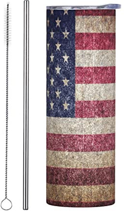 Vintage American USA Flag Tumbler Cup 20 oz, Stainless Steel Mug Vaccum Insulated Skinny Tumblers with Lid and Straw Double Wall Feak Proof Coffee Travel Mug Birthday Gift for Women Men