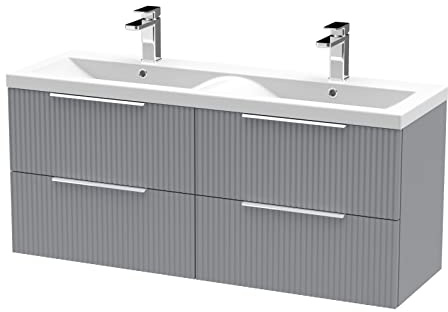 Hudson Reed DFF293F Fluted Modern Bathroom Wall Hung 4 Drawer Double Vanity Basin Unit with Twin Ceramic Basin, 1200mm, Satin Grey