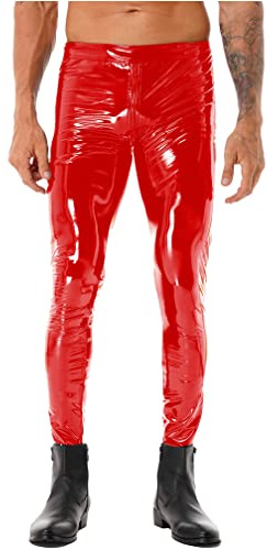 MSemis Herren Lack Leder Hose Pants Wetlook Leggings Skinny mit Reißverschluss Elastisch Lackoptik Lederhose Slim Fit