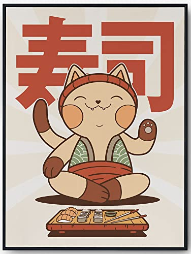 JOPRICO Kawaii Poster - Katze und Sushi Bild - Japan Kunstdruck für Wohnzimmer oder Kinderzimmer - Größe 30x42cm (A3)