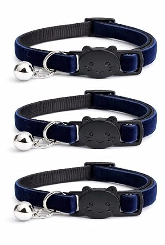 Velvet Cat Collars with Bell. Safe Breakaway Quick Release Buckle. Available in Cat & Kitten Size (Pack of 3) (Kitten Collar (15cm - 23cm), Navy Blue (Pack of 3))