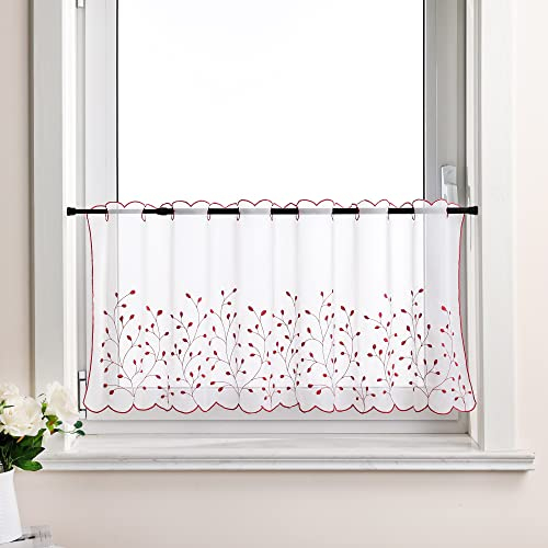 Delien Voile 1 stück Scheibengardinen Kurzgardinen Stickerei Bistrogardine »Grünland« Transparente Kurzstores Durchstangenzug Kurzvorhang mit Grasmuster Blattmuster für Küche BxH 120x30cm,Rot