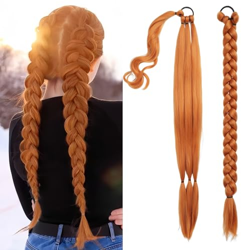 EMMOR Lange geflochtene Pferdeschwanzverlängerung mit glattem Haar,Wicklung um den Pferdeschwanz mit Haarverlängerungen,weich und gesund,für Frauen und Mädchen im täglichen Gebrauch.(Orange)