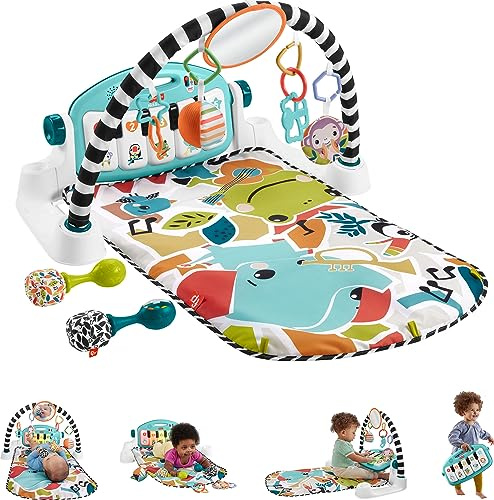 Fisher-Price Baby Musical Toy Set Glow and Grow Kick & Play Piano Gym Blue Playmat with 2 Rattle Maracas for Newborns Ages 0+ Months