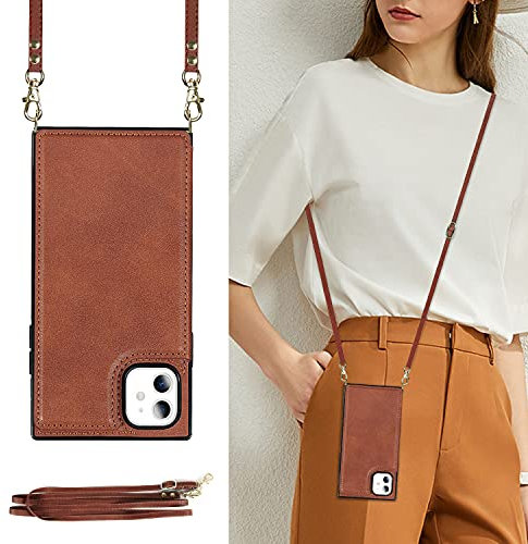 UEEBAI Crossbody Wallet Case for iPhone 11 6.1 inch, Kickstand with Adjustable Removable Lanyard Neck Strap Case Card Holder Shockproof Cover Magnetic Clasp Cover Flip Case -Brown