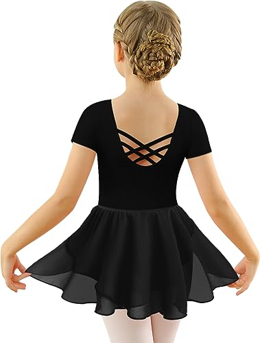 Mulnall Ballettkleid Mädchen Ballett Kleid Kurzarm Langarm Criss Cross Baumwolle Balletttrikot Gymnastik Kinder Tanzbody mit Rock Tütü Kostüm Tanzbekleidung 2-12 Jahre(2140-06-XL)
