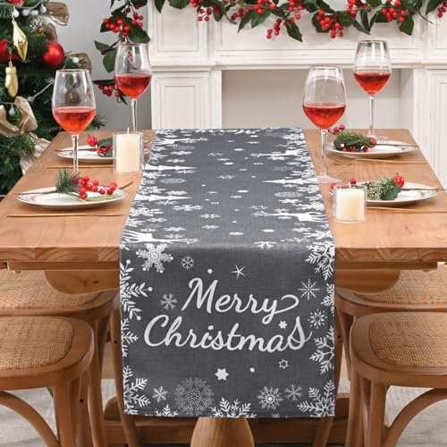 Yugarlibi Frohe Weihnachten Tischläufer Grau, Schneeflocke Wasserdicht Tischläufer, Moderne Leinen Look Rentier Zeder Waschbar Tisch Läufer für Winter Esstisch Küche Urlaub 35x183cm