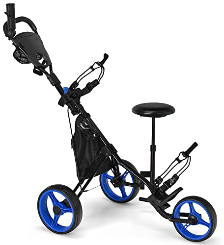 GYMAX Golf Push Pull Cart, Lightweight 3 Wheels Golf Trolley with Storage Bag, Foot Brake, Adjustable Umbrella Holder, Padded Seat and 4 Height Position Handle, Foldable Golf Bag Holder (Blue)