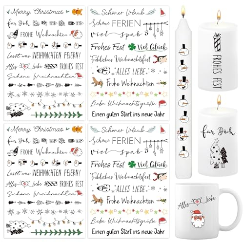BETESSIN 4x Kerzen Tattoos Folie Weihnachten Kerzentattoo Rub On Sticker Weihnachten Kerzenaufkleber Kerzensprüche Kerzensticker Kerzen Verzieren für Stabkerzen Kleine Kerzen Tasse Stil D